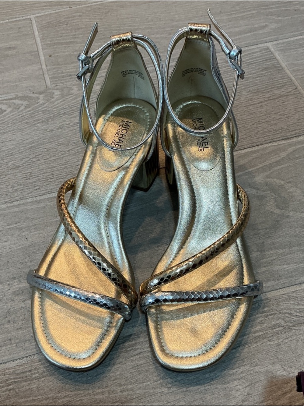 MICHAEL Michael Kors Metallic Silver Strappy Block-Heel Sandals
